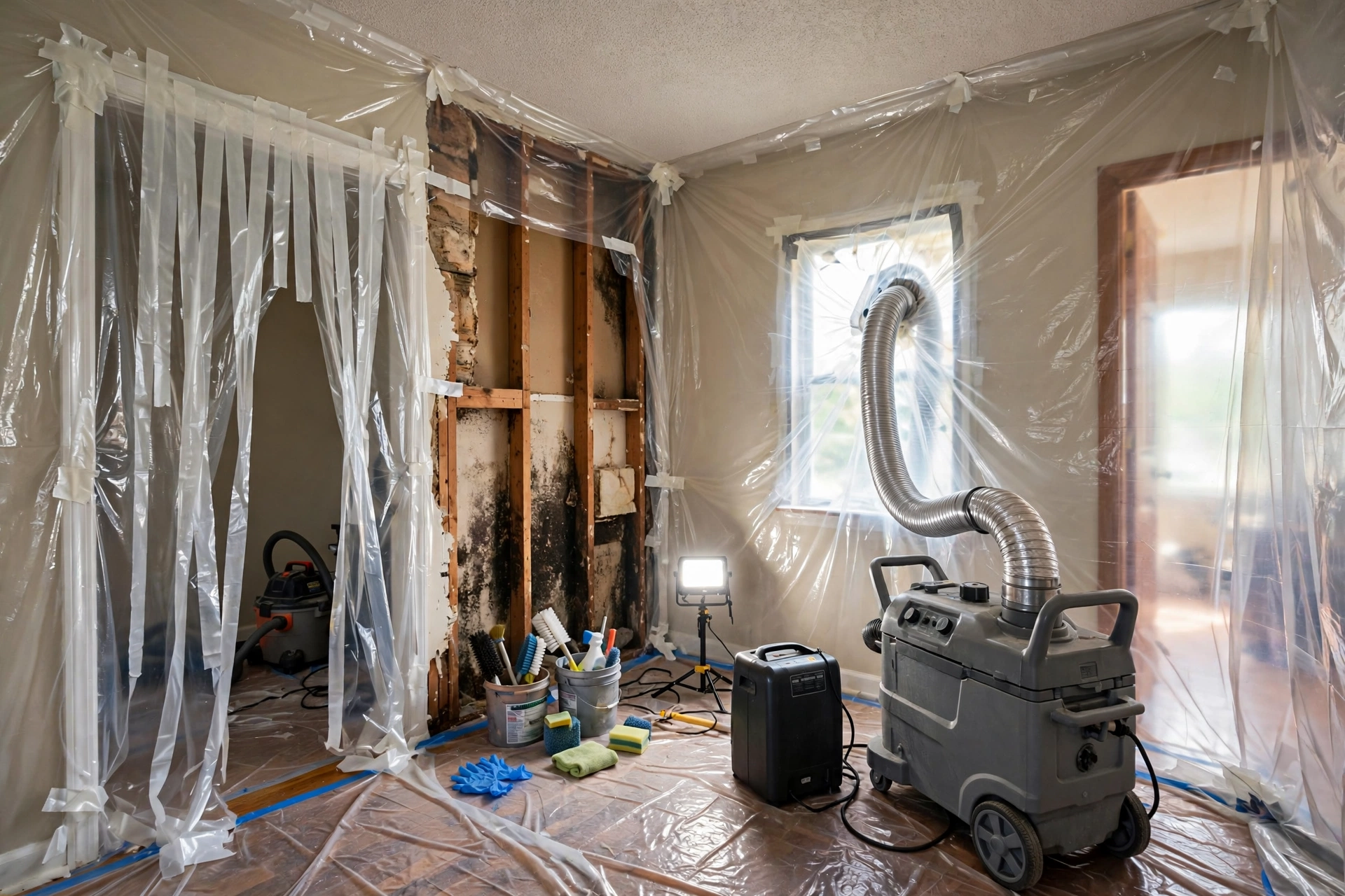 Mold remediation containment setup with plastic sheeting barriers and an air scrubber machine in a residential room