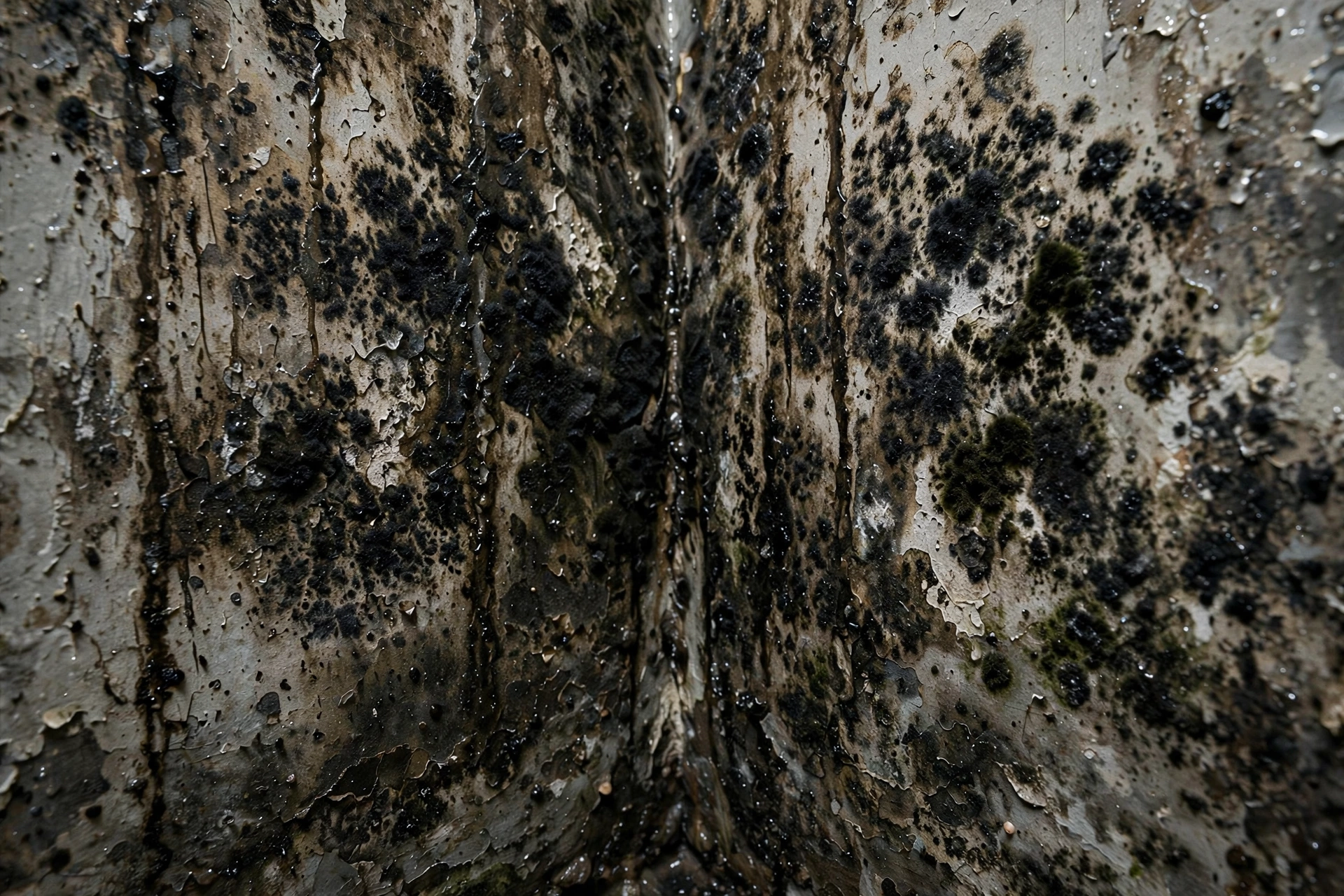 Close-up of black mold colonies growing on a damp basement wall corner with water stains