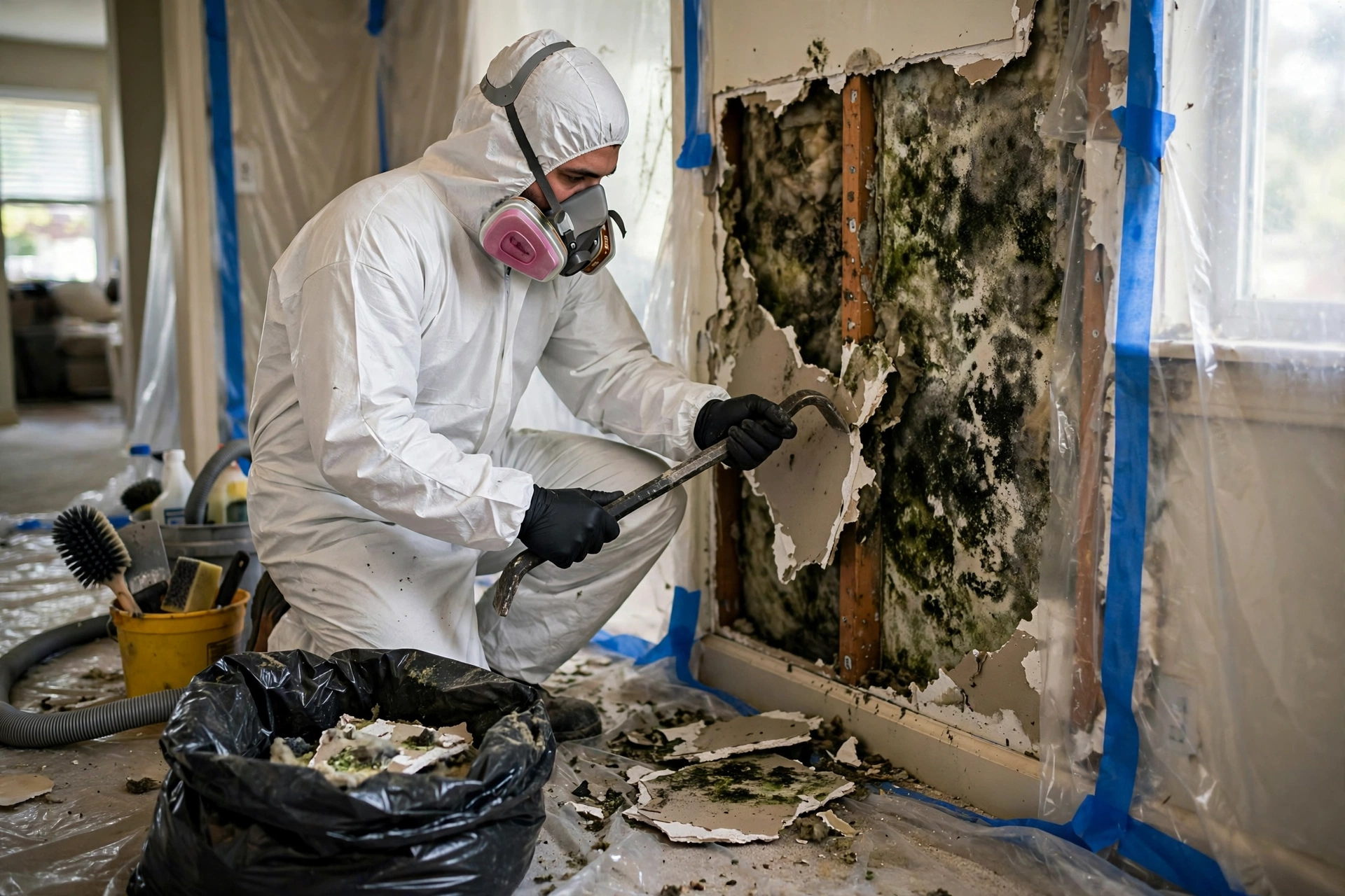 Mold remediation technician in white protective suit and respirator mask removing moldy drywall in a home