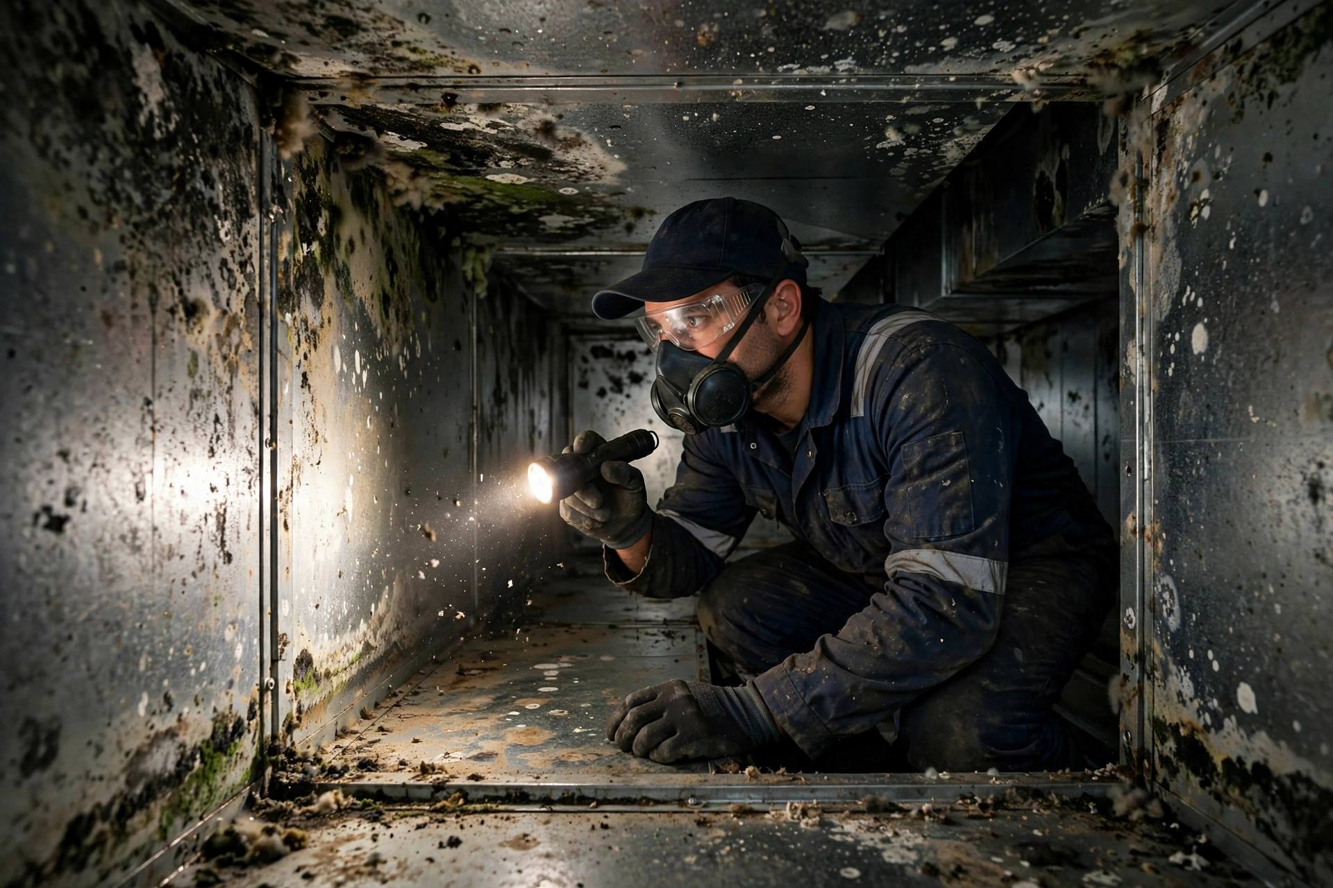 Mold growth inside an HVAC duct inspected by a technician with a flashlight