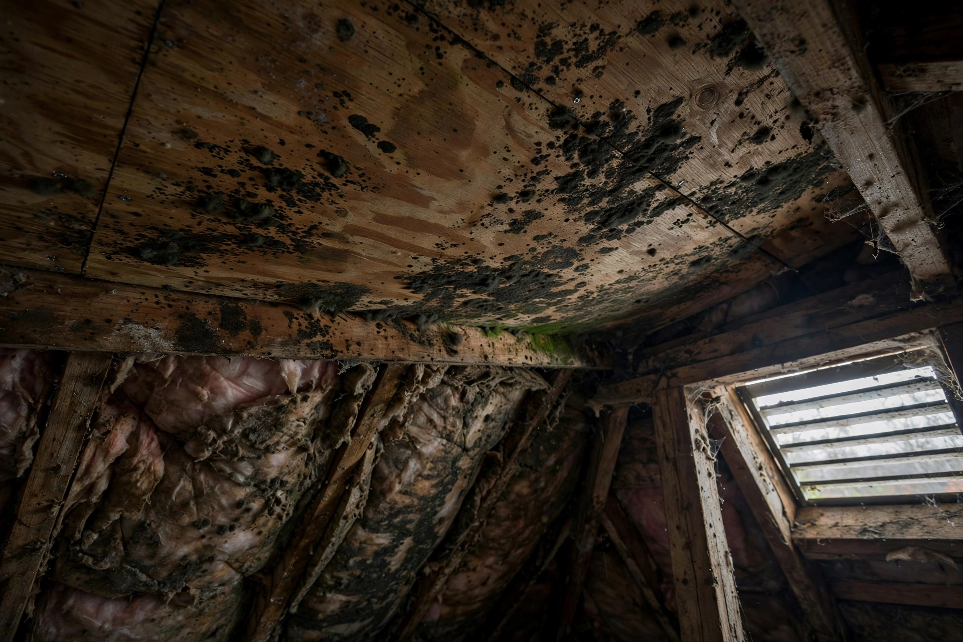 Mold on wooden roof sheathing inside a damp attic