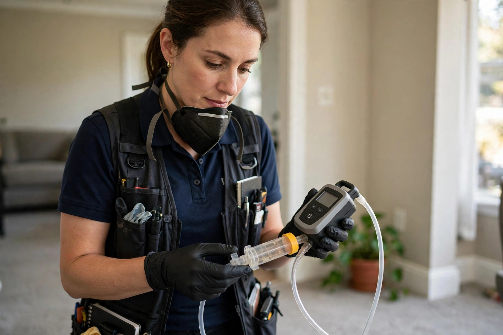 Technician performing professional mold air quality testing with a sampling pump