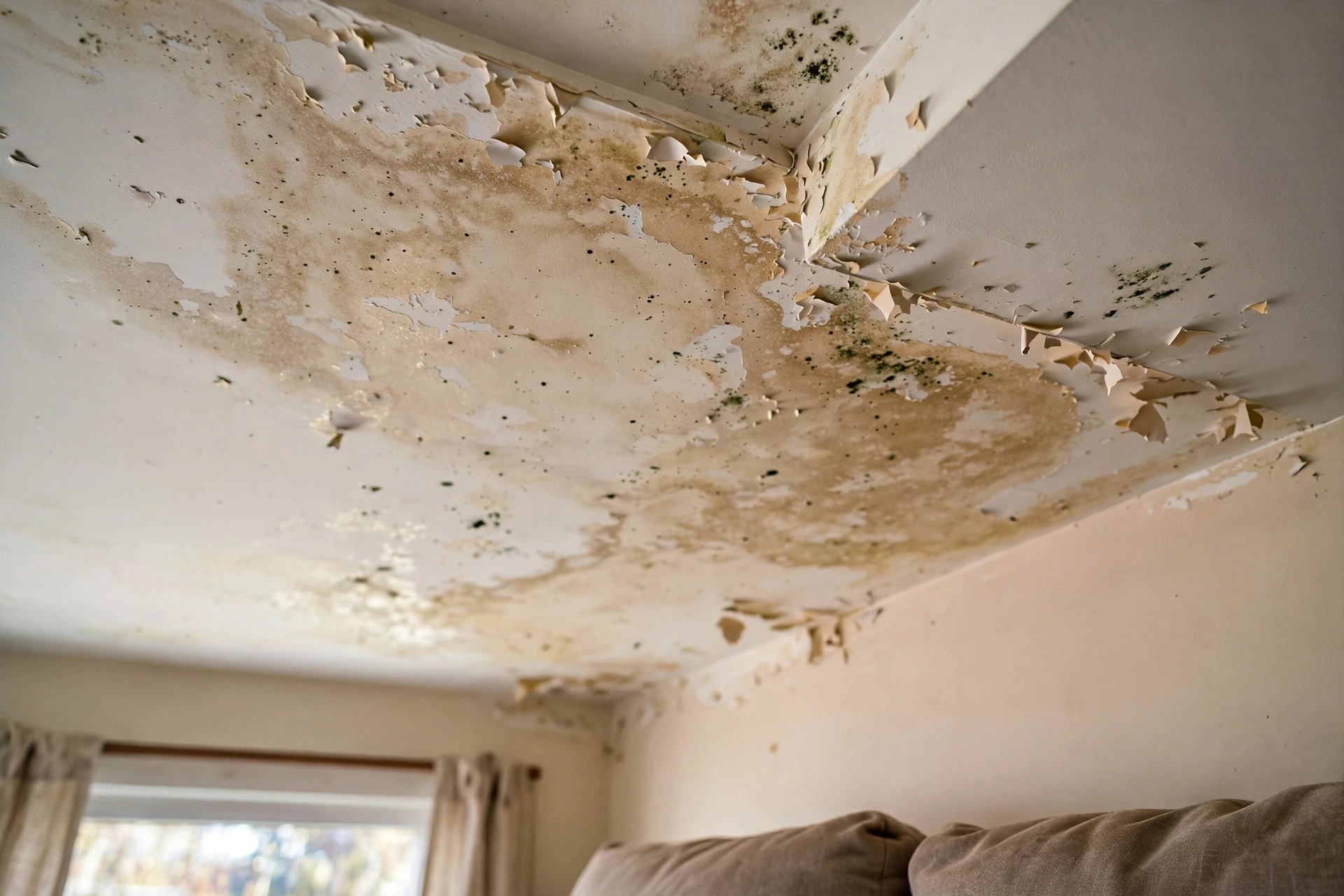 Brown water stain spreading on a living room ceiling with peeling paint, an early sign of a hidden mold problem