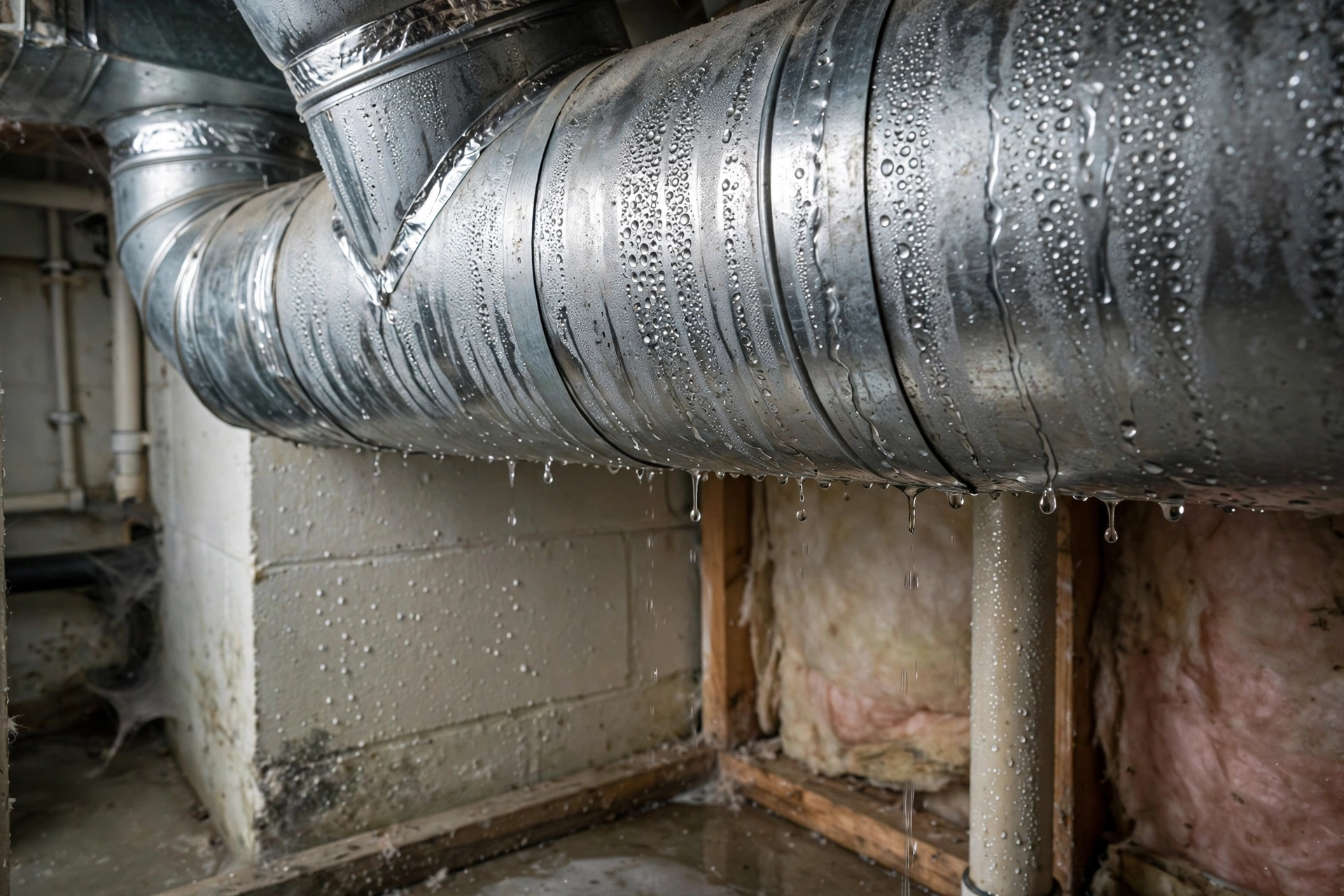 Condensation droplets on metal air conditioning ductwork in a humid utility closet, showing how moisture feeds hidden mold growth