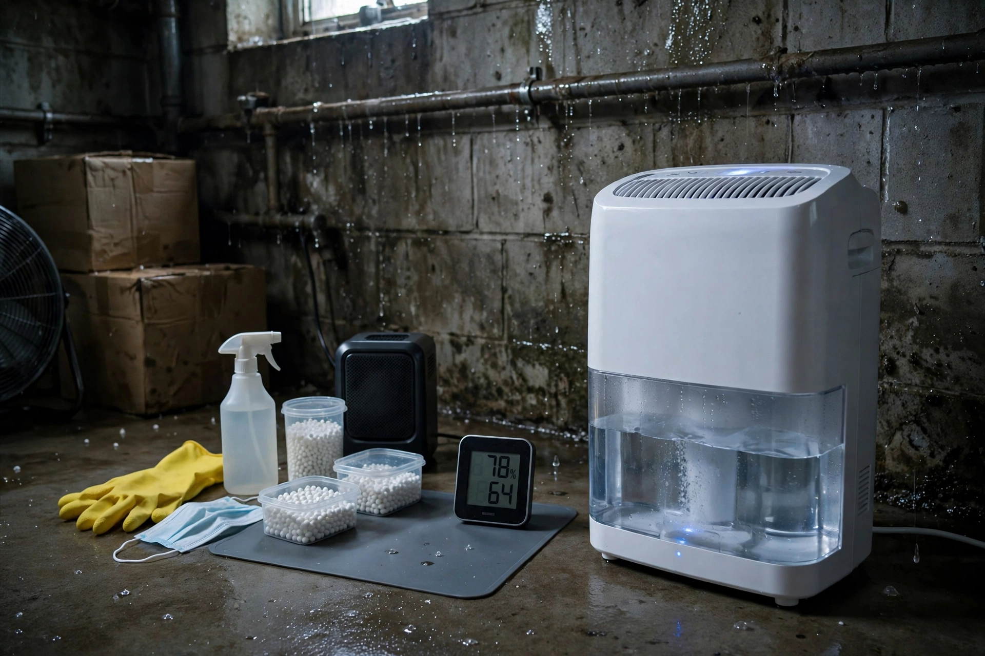 Dehumidifier running in a damp basement next to a humidity gauge, showing professional mold prevention equipment at work